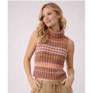 Free People Edith Turtleneck Sweater Vest Pink Striped Ribbed Knit Cropped Top M